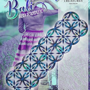 May include: A colorful Bali Bed Runner quilt pattern with a woman in a purple outfit and a straw hat. The quilt features a repeating geometric design in shades of blue, green, and purple. The text "Timeless Treasures" and "Gypsy Strip Set" are also visible.