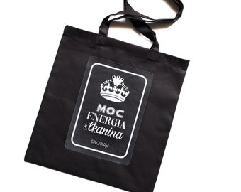 SCHWARZE Baumwolltasche mit polnischem Aufdruck „Power Energy FABRIC“, Geschenkfoto vom Weber
