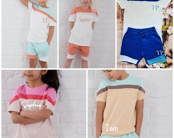 Personalised shorts set boys girls summer colour block tshirt and shorts outfit