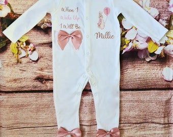 First Birthday outfit babygrow vest one rabbit flopsy bunny girls boy when i wake up pink rose gold 1 1st princess bow name glitter