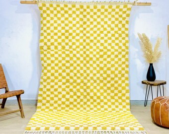 Moroccan checkered Rug, Berber yellow checker rug, Checkered Shag rug, Checker area rug, hand-knotted rugs