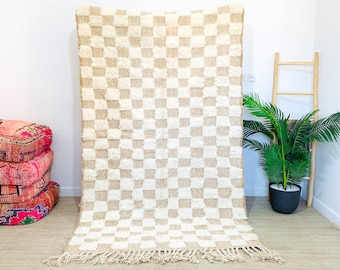 Marockansk beige och vit rutig matta, handvävda schackrutiga mattor, specialtillverkade marockanska mattor, berbermatta, stor rutig matta