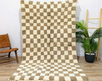 Großer Beige Weißer Karierter Teppich, Braun Karierter Teppich, Braun Karierter Teppich, Marokkanischer Teppich