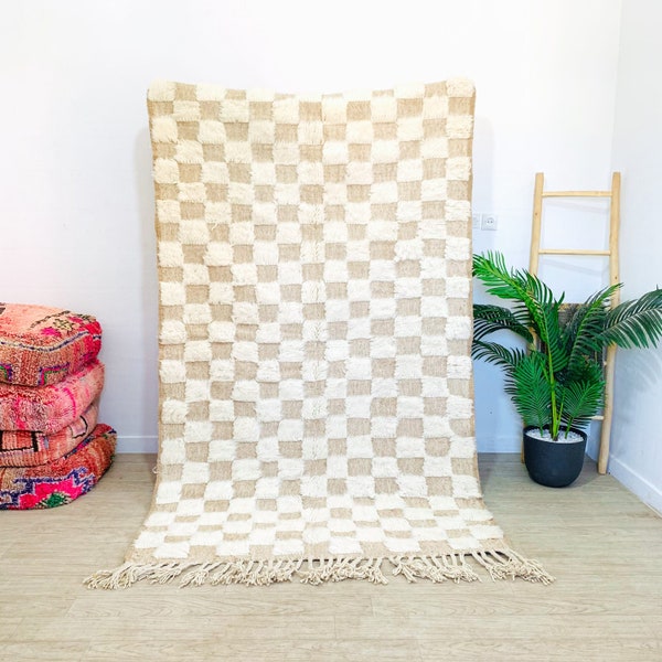 Moroccan Beige and White Checkered Rug, Checkerboard Handwoven Rugs, Custom Made Moroccan Rugs, Berber Area Rug, Large Checker Carpet