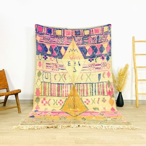 Authentic Moroccan Rug 5x8 FT, Pink Boujaad Rug, Pink & Beige Area Rug, Berber Symbols rug