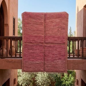 Peut inclure: Un grand tapis rectangulaire rose est suspendu entre deux bâtiments avec des balcons. Le tapis est fait d'une matière texturée et est divisé en quatre sections. Les bâtiments sont peints dans une teinte chaude et terreuse, et le ciel est bleu clair.