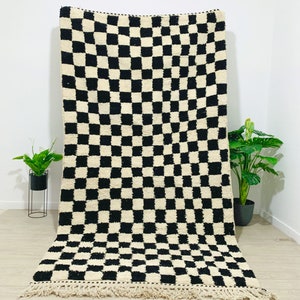 Black Moroccan Checkered Area Rug, Checkerboard Handmade Moroccan Rug, Custom Made Hnadwoven Rugs, Berber Large Living Room Checker Rug
