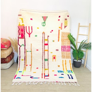 MOROCCAN WOOL RUG, Artistic Beniouarain Rug, Custom White Carpet, Tribal Colorful Rug, Berber Symbols Rug, Tapis Marocain, Morokko Tepisch