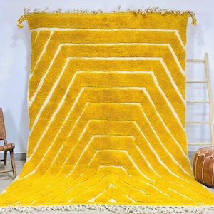 Yellow Moroccan Rug, Hand tufted Yellow rug, Custom Made Beni Ouarain Carpet, Yellow Striped Rug, 9x12 Area Rugs