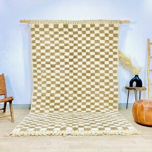 Beige And White Checkered Rug, Moroccan Checkered Rug, Beige Area Rug, Custom Made Checkered Moroccan Rug, Pale Brown Checkered Runner