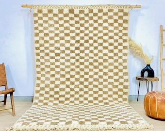 Beiger Teppich, Beiger Weißer Karierter Teppich, Marokkanischer Teppich, Karierter Teppich nach Maß, Blassbrauner Läufer