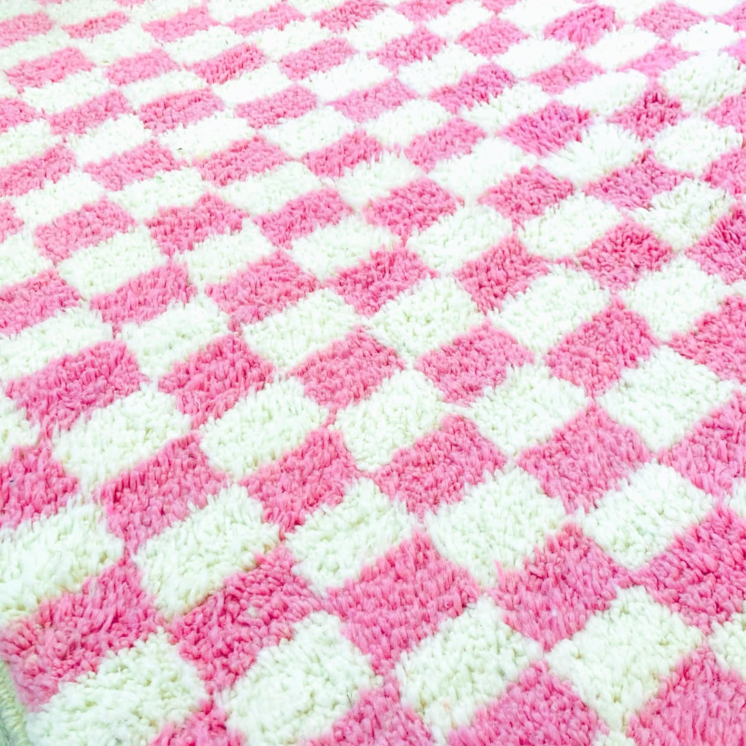 Pink Checkered Rug, Moroccan Checkered Rug, Pink and White Checkered