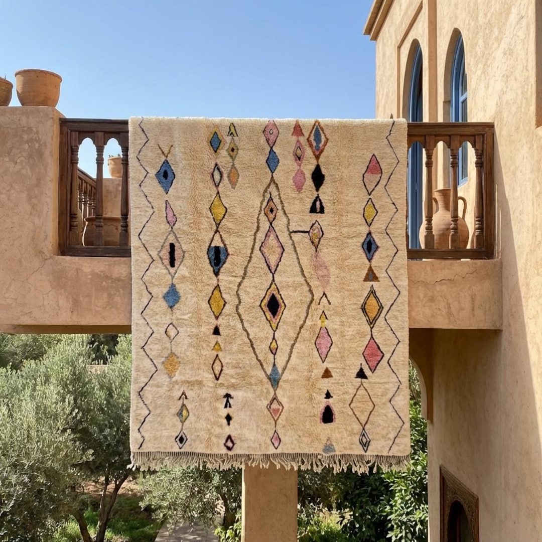 Moroccan Azilal Rug, Colorful Diamond Wool Rug, Boho Tribal Area Carpet ...