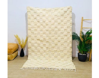 Moroccan White Checkered Rug, Checkerboard Handwoven Rugs, Custom Made Moroccan Rugs, Large Area Rug, White Checker Carpet