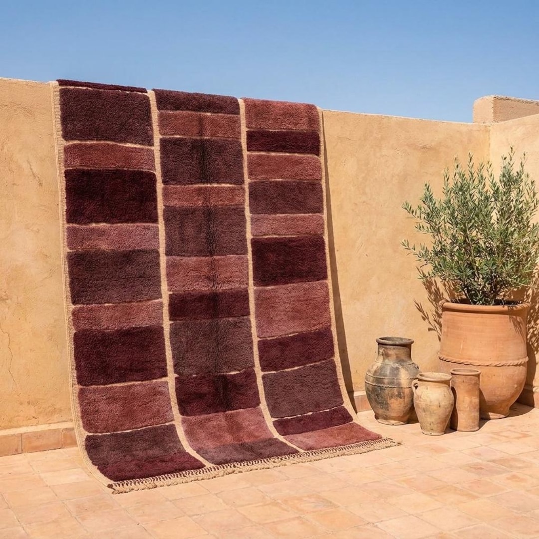 Burgundy White Checkered Moroccan Rug, Geometric Berber Shag Carpet, Large Area Rug, Handmade Wool Decor - Without fringes, 9x12 ft = 275x366 cm