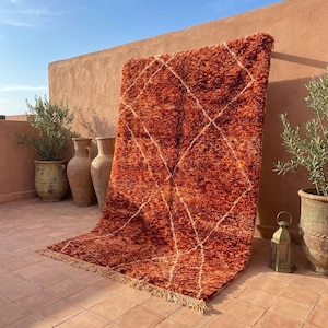 Pode incluir: Um tapete grande, retangular e felpudo em tons de laranja e castanho com um padrão de losangos em branco. O tapete tem uma borda com franjas e está encostado a uma parede cor de terracota. O tapete está ao ar livre, com plantas e vasos visíveis.