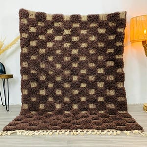 Brown Checkered Rug, Hand-tufted Beni Ourain Checkered Rug, Berber Moroccan Rug, Large Area Rug, Soft Wool Rug, Checkered Runner