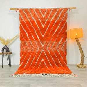 Authentic Orange Beni Ourain Hand-tufted Rug, Moroccan Shag Rug for Cozy Minimalist Spaces, Large Area Rug