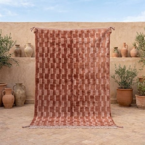 Può includere: Un tappeto rettangolare color terracotta con un motivo geometrico di rettangoli ripetuti. Il tappeto è tenuto in alto, mostrando la sua consistenza e il suo design. Il tappeto ha una frangia lungo il bordo inferiore. Lo sfondo comprende piante e ceramiche.