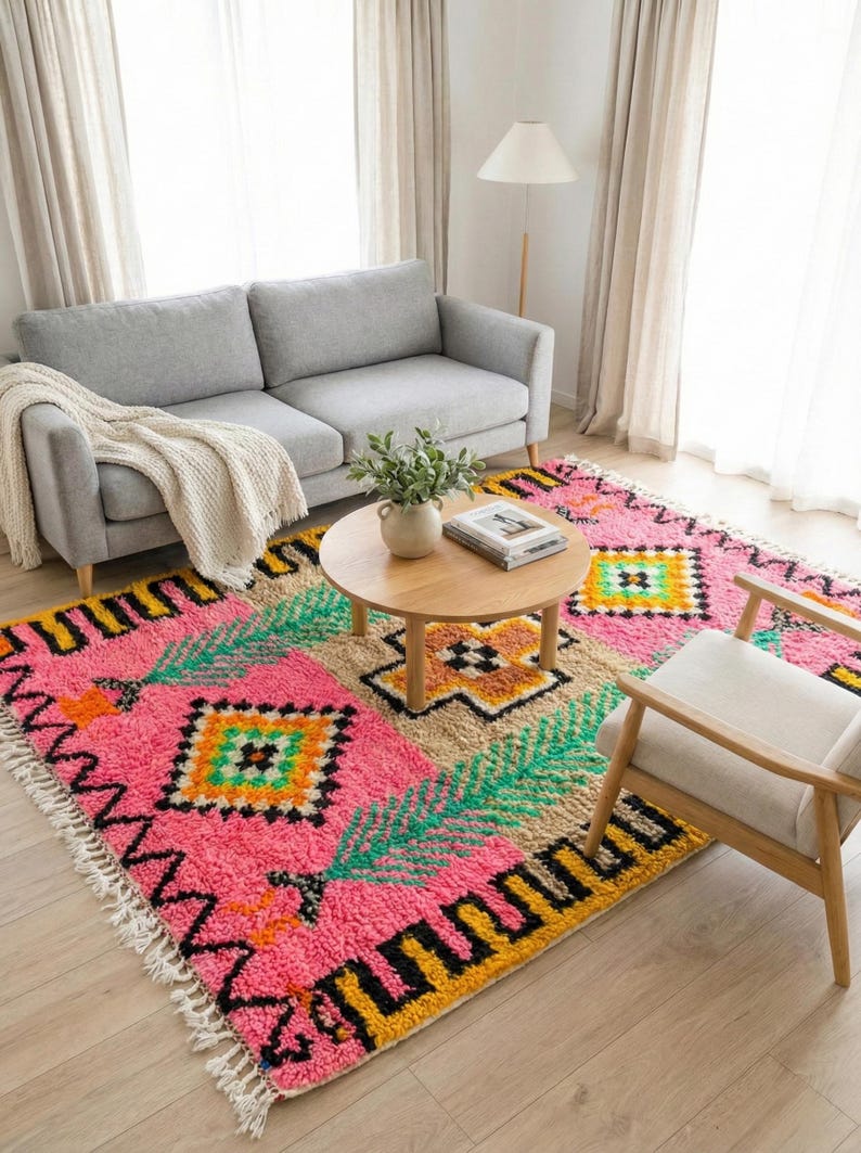 Pink Moroccan Rug, Berber Shag Rug, Custom Made Beni Ouarain Carpet, Large 9x12 Area Rugs
