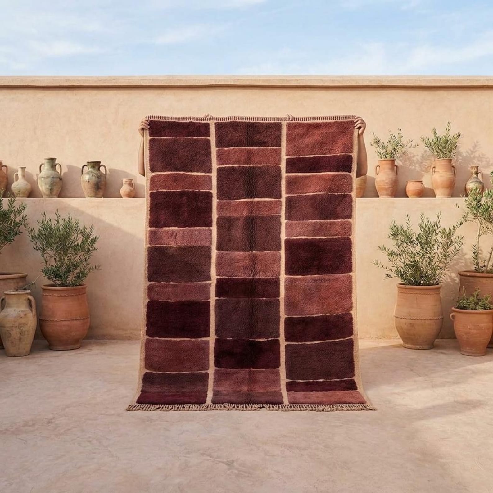 Burgundy White Checkered Moroccan Rug, Geometric Berber Shag Carpet, Large Area Rug, Handmade Wool Decor - 1 Side, 5x10 ft = 153x305 cm