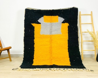 Large Black and Yellow Moroccan Rug, Authentic Beni Ourain Rugs, Custom Made Hnadwoven Carpet, Berber Yellow & Black Rug
