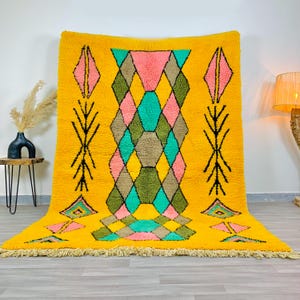 Yellow Moroccan Rug – Handwoven Abstract Berber Shag, Colorful Geometric Design with Pink, Teal & Olive Accents, Large 9x12 Area Carpet