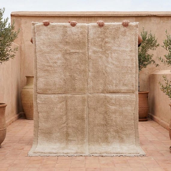 Neutral Beige Moroccan Rug Large Area Rug - Handmade Solid Berber Shag Rug - Plush Wool Carpet for Minimalist Home Decor - Custom Size Rug
