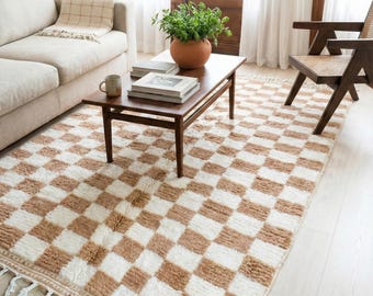 Beige Checkered Moroccan Rug | Handmade Wool Beni Ourain Style | Geometric Beige & White Area Rug | Modern Scandinavian Living Room