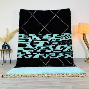 Moroccan WOOL RUG, Handmade Moroccan Floor Decor, Sky Blue and Black Shag Rug, Abstract Design for Minimalist Interiors, Large Area Rug