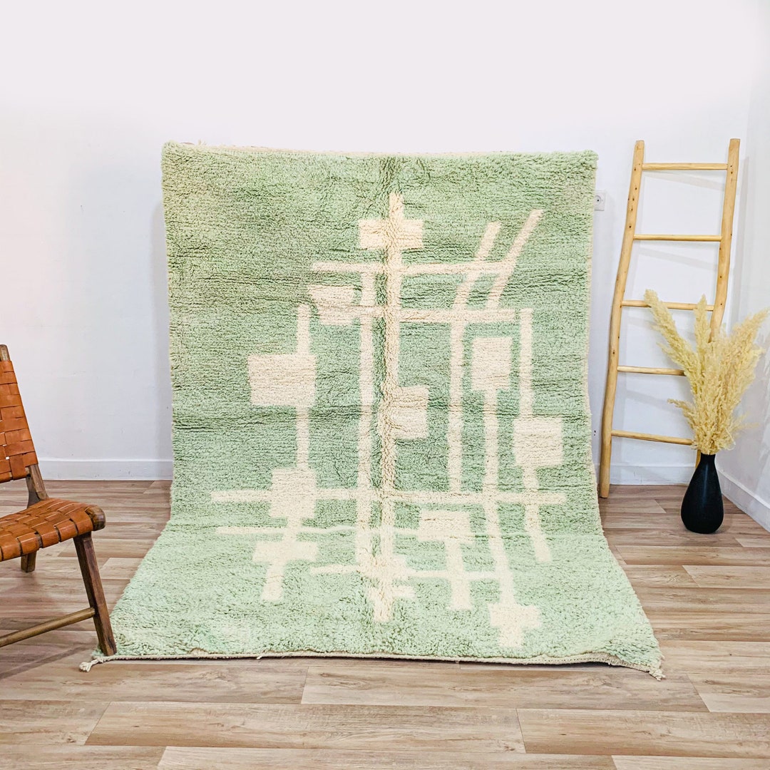 Large Green and White Moroccan Rug, Authentic Beni Ourain Rugs, Custom
