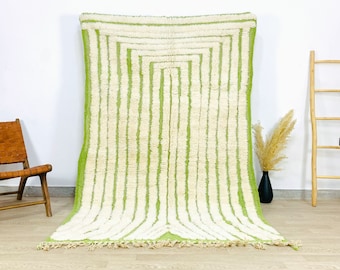 BEAUTIFUL BENIOURAIN RUG, Moroccan Green and White Rug, White and Green Striped Rug, Custom Made Hnadwoven Carpet, Large Area Rug