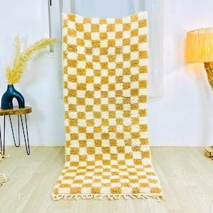 Moroccan Beige Checkered Rug 2x5ft, Checkerboard Handwoven small rug, Beige Berber Nursery Rug, Small Checker Carpet