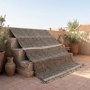May include: A woven rug with a geometric pattern in shades of black and beige is draped over a set of outdoor steps. The rug has a fringed edge and is surrounded by terracotta pots and olive trees, creating a warm, inviting outdoor space.
