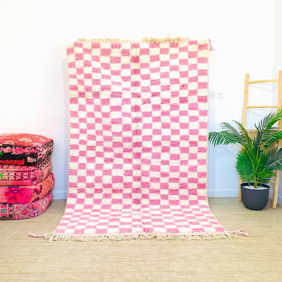 Pink and White Checkered Rug, Moroccan Checkered Rug, Pink Checkered