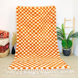 Checkered Beni Ourain Rug, Tribal Area Rug, Woven Rug, Orange Rug, Custom Moroccan Rug, Living Room Decor, Wool Rug, Strong Orange Carpet