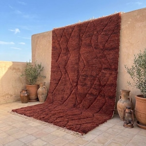 Pode incluir: Um tapete grande, cor de ferrugem, com um padrão geométrico de losangos. O tapete é exibido ao ar livre, encostado a uma parede bege. O tapete tem uma superfície texturizada e uma borda com franjas. O fundo inclui plantas em vasos e um céu azul claro.