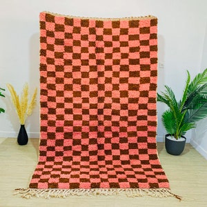 Checkered Beni Ourain Rug, Tribal Area Rug, Woven Rug, Brown Pink Rug, Custom Moroccan Rug, Living Room Decor-Wool Rug-Berber Solid Pink Rug