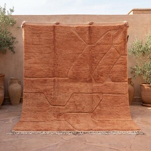 May include: A large, rectangular terracotta-coloured rug with a geometric design. The rug has a textured surface and a fringe along the bottom edge. The design features interconnected shapes. The rug is held up by unseen hands.