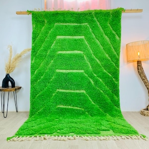 Green Beni Ourain Hand-Tufted Rug, Green Shag Rugs, Berber Wool Rug, Large Area Rugs