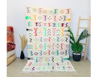 BEAUTIFUL KILIM RUG - Flat Area Rug - Kilim Woven Rug - Tribal Colorful Rug - Custom White Rug - Area Rug -Moroccan Rug - Handwoven Wool Rug