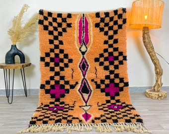 Moroccan Peach Rug, Geometric Black Rug, Peach Shag Rug, Moroccan Berber Rugs, Beni Ourain Style Rug