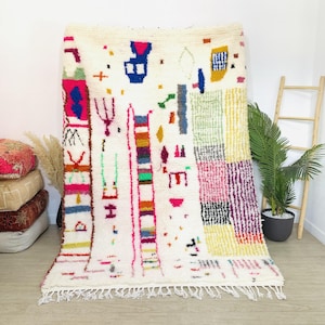 MOROCCAN WOOL RUG, Artistic Beniouarain Rug, Custom White Carpet, Tribal Colorful Rug, Berber Symbols Rug, Tapis Marocain, Morokko Tepisch