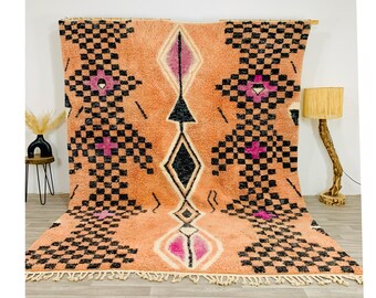 Moroccan Peach Rug, Geometric Black Rug, Peach Shag Rug, Moroccan Berber Rugs, Beni Ourain Style Rug