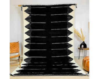 GORGEOUS KILIM RUG -  Black and White Rug - Flat Area Rug - Kilim Woven Rug - Custom Black flatweave Rug - Moroccan Kilim Rug