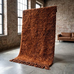 Puede incluir: Una alfombra grande, rectangular y peluda en un tono marrón rojizo cálido. La alfombra tiene un pelo grueso y texturizado y un detalle de flecos a lo largo de un borde. La alfombra se exhibe en una habitación con paredes de ladrillo visto y grandes ventanas.