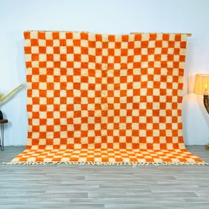 Orange Checkered Rug, Beni Ourain Orange Shag Rug, Custom Moroccan checker Rug, Orange and white Large Area Checkered Rug