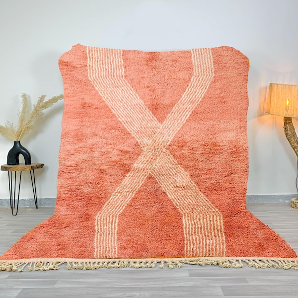 Terracotta Moroccan Berber Rug, X Pattern Shag Rug, Handmade Wool Area Rug, Large Area Rug