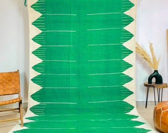 AMAZING KILIM RUG - Flat Area Rug - Kilim Woven Rug - Green and White Rug - Custom Green flatweave Rug - Moroccan Kilim Rug