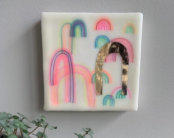 floating rainbows/tiny rainbow art/house blessing/rainbow baby gift/inspire/original encaustic painting/inspirational art/kid/baby room/gold